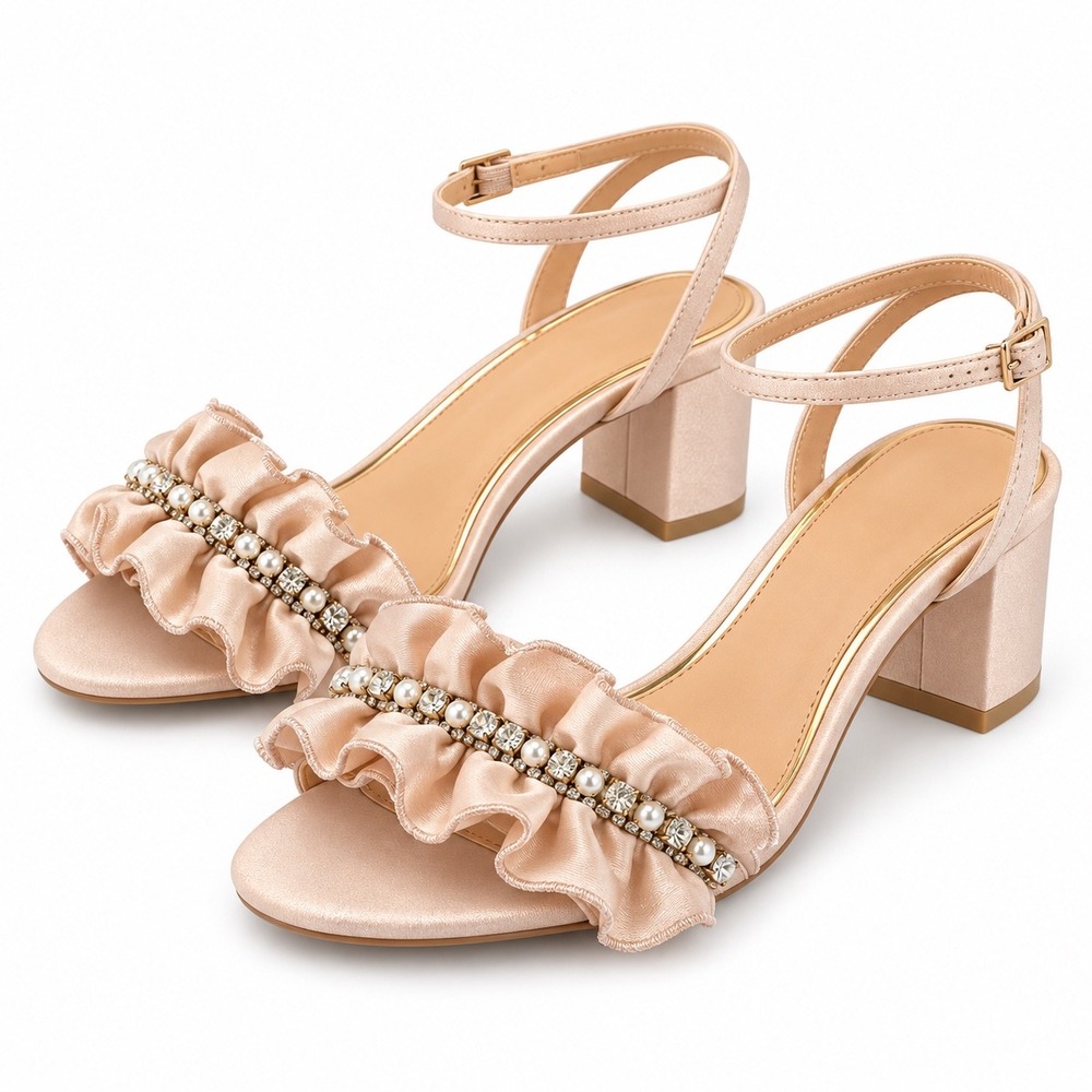 Jewel Badgley Mischka Sandals Size 7.5 Pink Satin Ruffle Wedding Coquette Prom